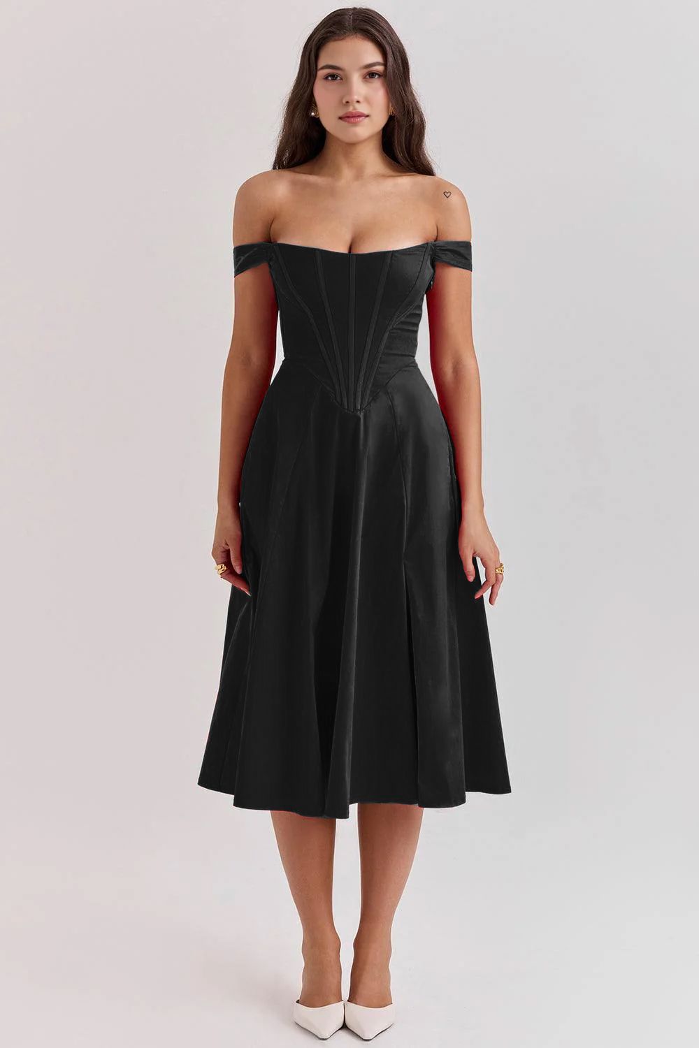 Romantisches Blumen-Midikleid mit Korsett-Design Romantisches Blumen-Midikleid mit Korsett-Design Rosa Chic Schwarz S